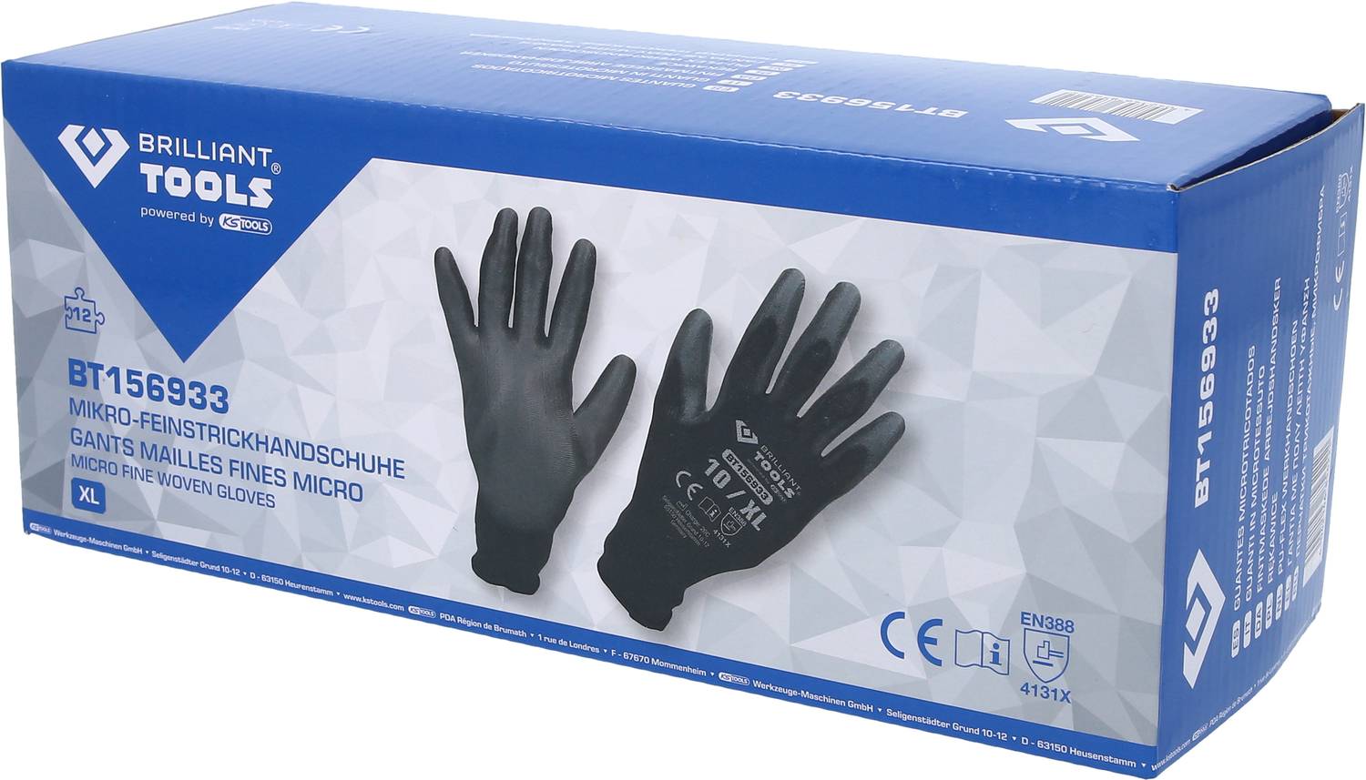 Schachtel mit schwarzen Mikrohandschuhen der Marke Brilliant Tools, Modell BT156933, Größe XL. CE- und EN388-Sicherheitskennzeichnungen.