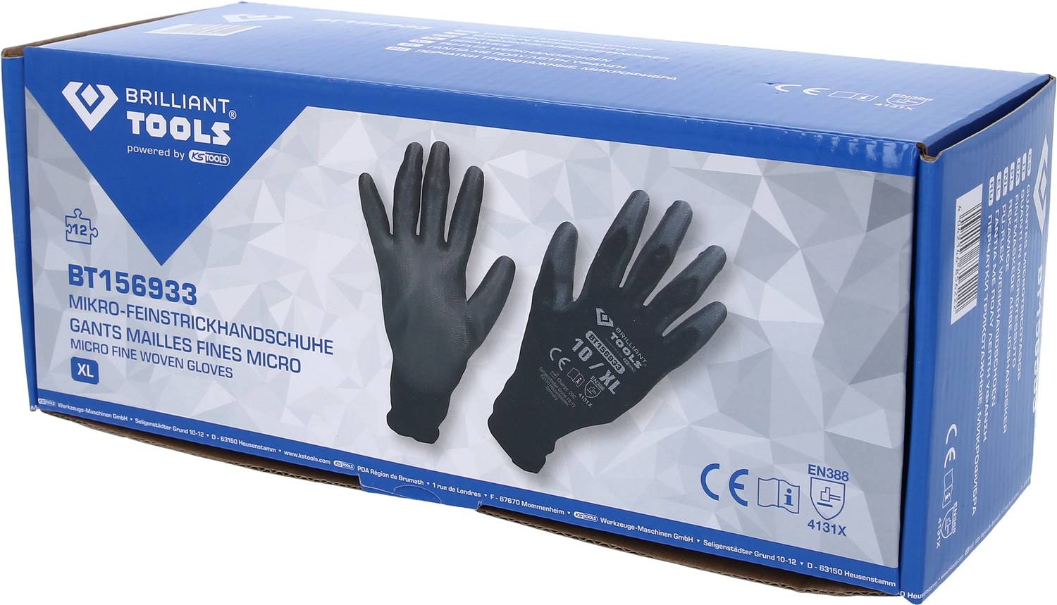 Verpackung von 'Brilliant Tools' Mikrofeinstrickhandschuhen in XL. Zeigt ein Bild der schwarzen Handschuhe und Spezifikationen wie EN388-Norm.