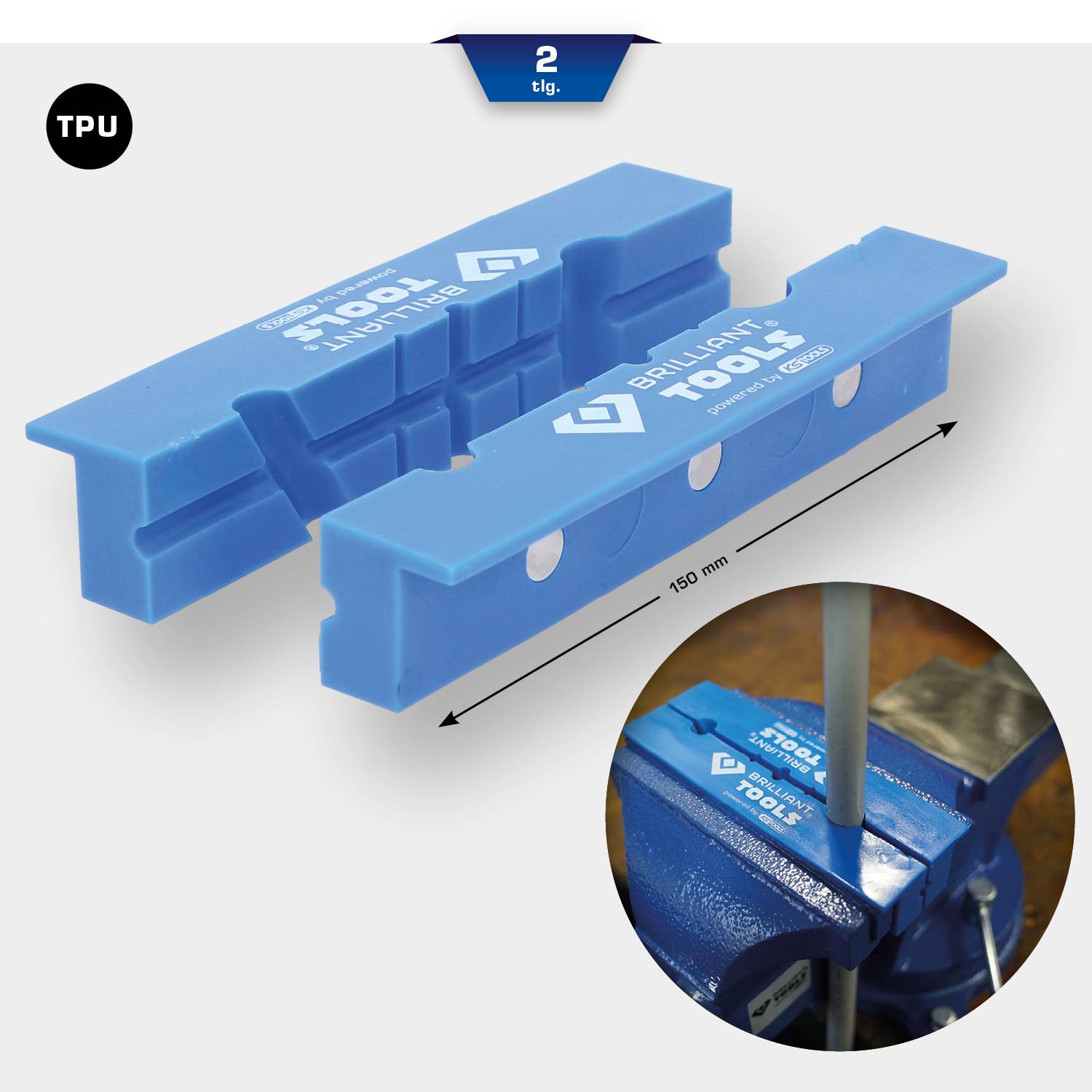 'Blauer Kunststoffschonbacken mit 150 mm Länge und TPU-Beschichtung wird in einem Schraubstock verwendet. Zwei Teile abgebildet.'