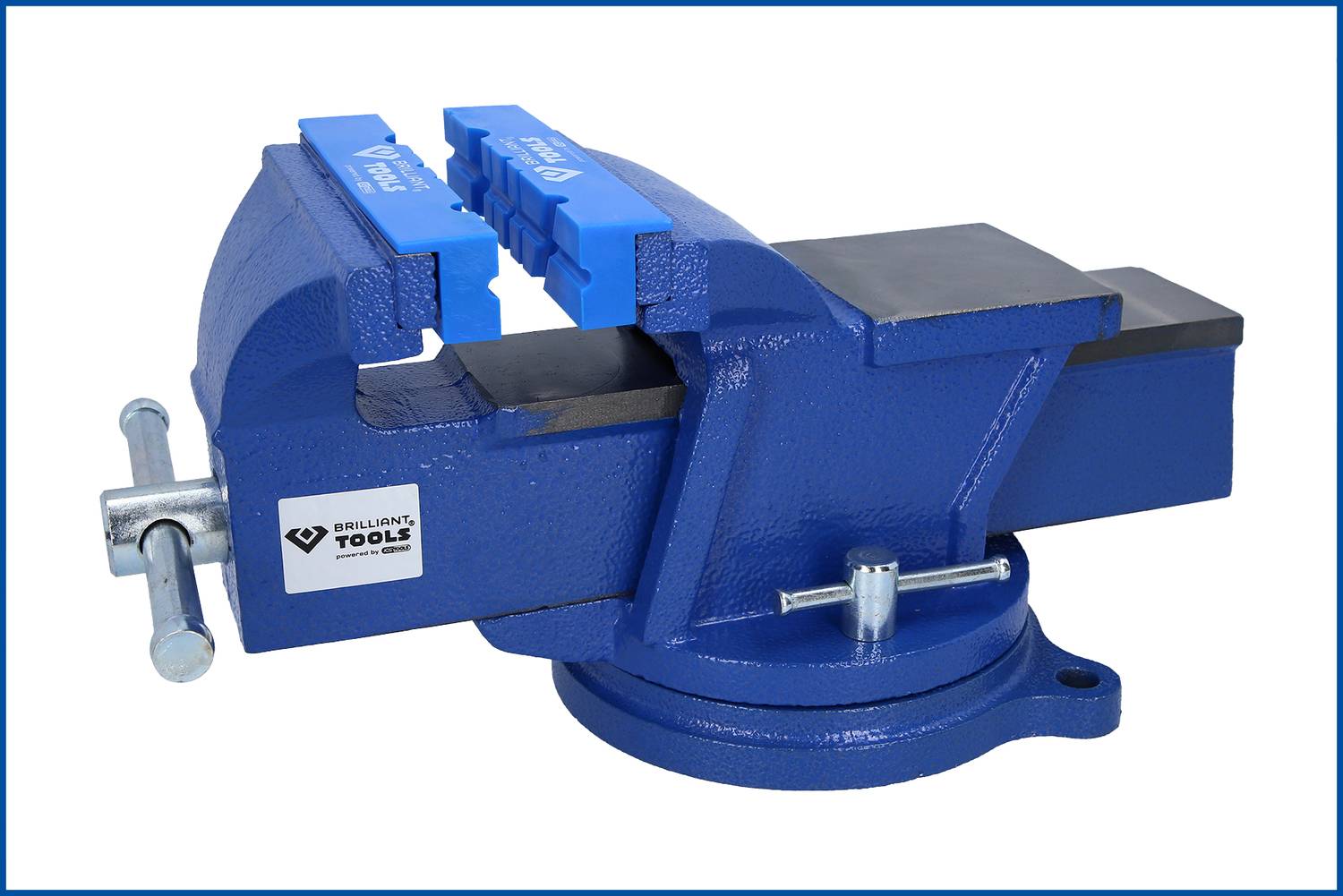 Ein blauer Schraubstock mit einer beweglichen Backe und Drehfunktion, geeignet zum Fixieren von Werkstücken.