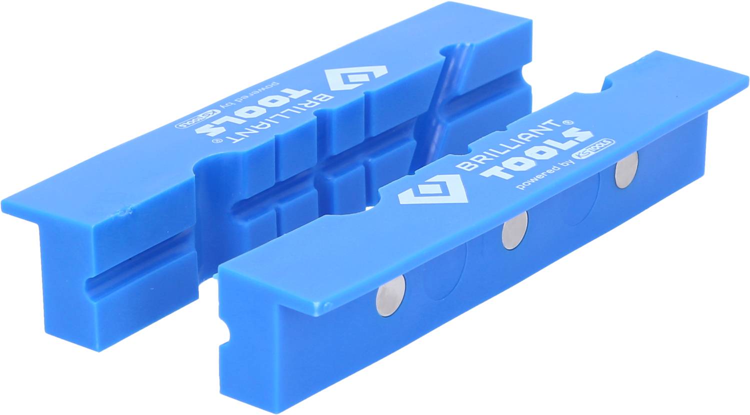 Zwei blaue, magnetische Klemmvorrichtungen zur Fixierung von Werkzeugen, mit der Aufschrift 'Brilliant Tools powered by KS Tools'.