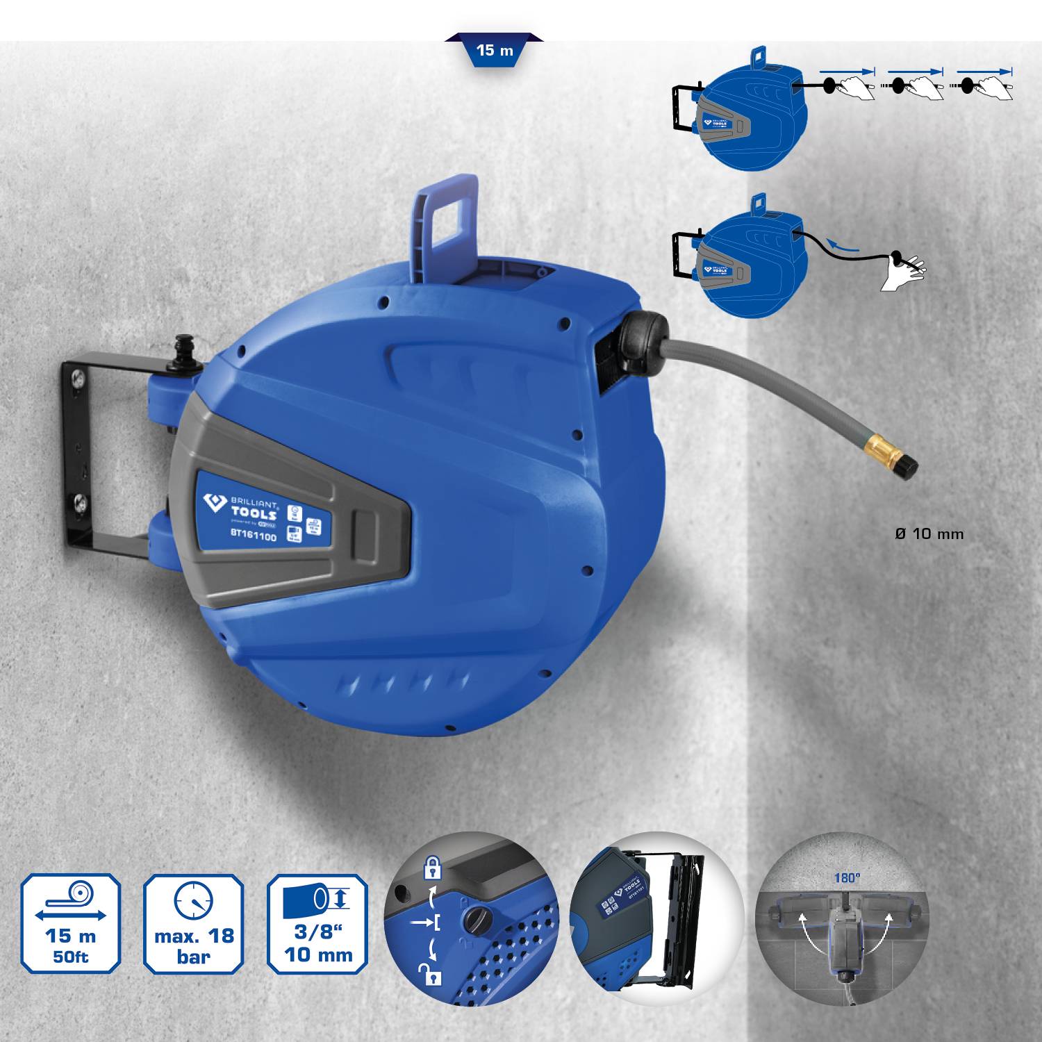 Automatischer Schlauchaufroller in Blau, an der Wand montiert. Geeignet für 15 Meter, 18 bar, 3/8 Zoll, für Luft und Wasser.