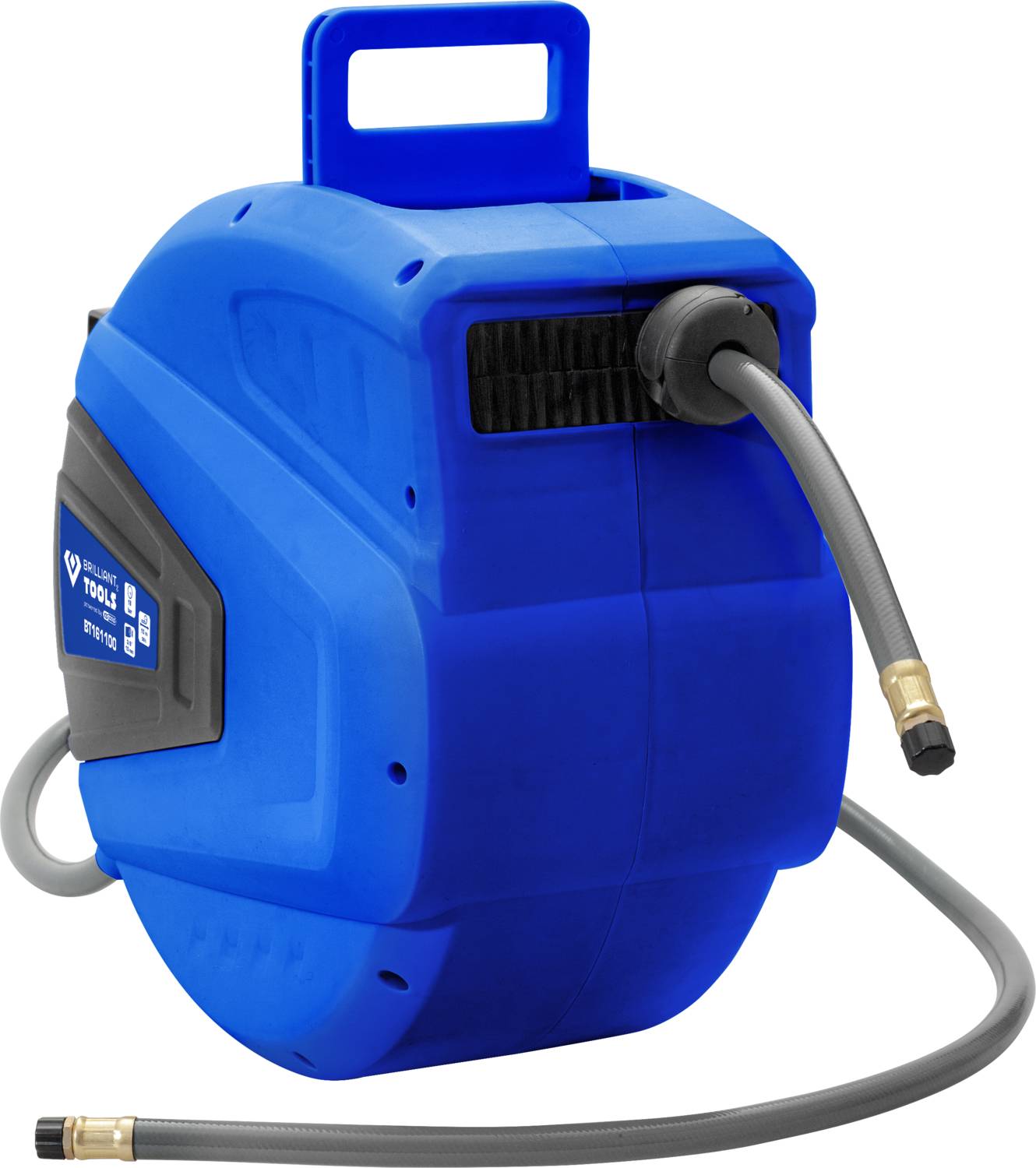 Eine blaue, automatische Schlauchtrommel mit grauem Schlauch und Griff, ideal für den Garten- oder Werkstattgebrauch.