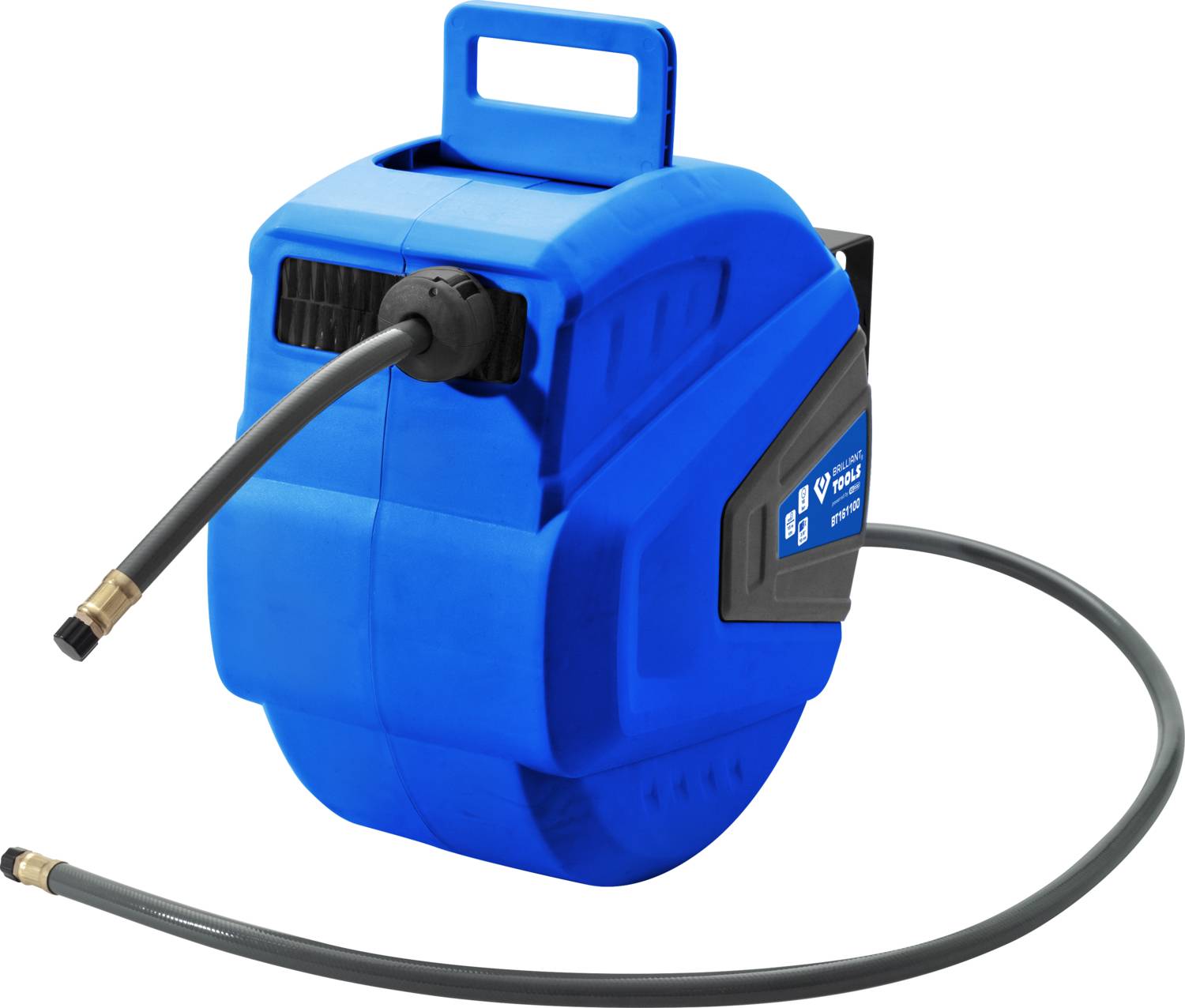 Ein blauer automatischer Schlauchaufroller mit schwarzem Schlauch und Griff. Ideal für Garten- oder Werkstattanwendungen.