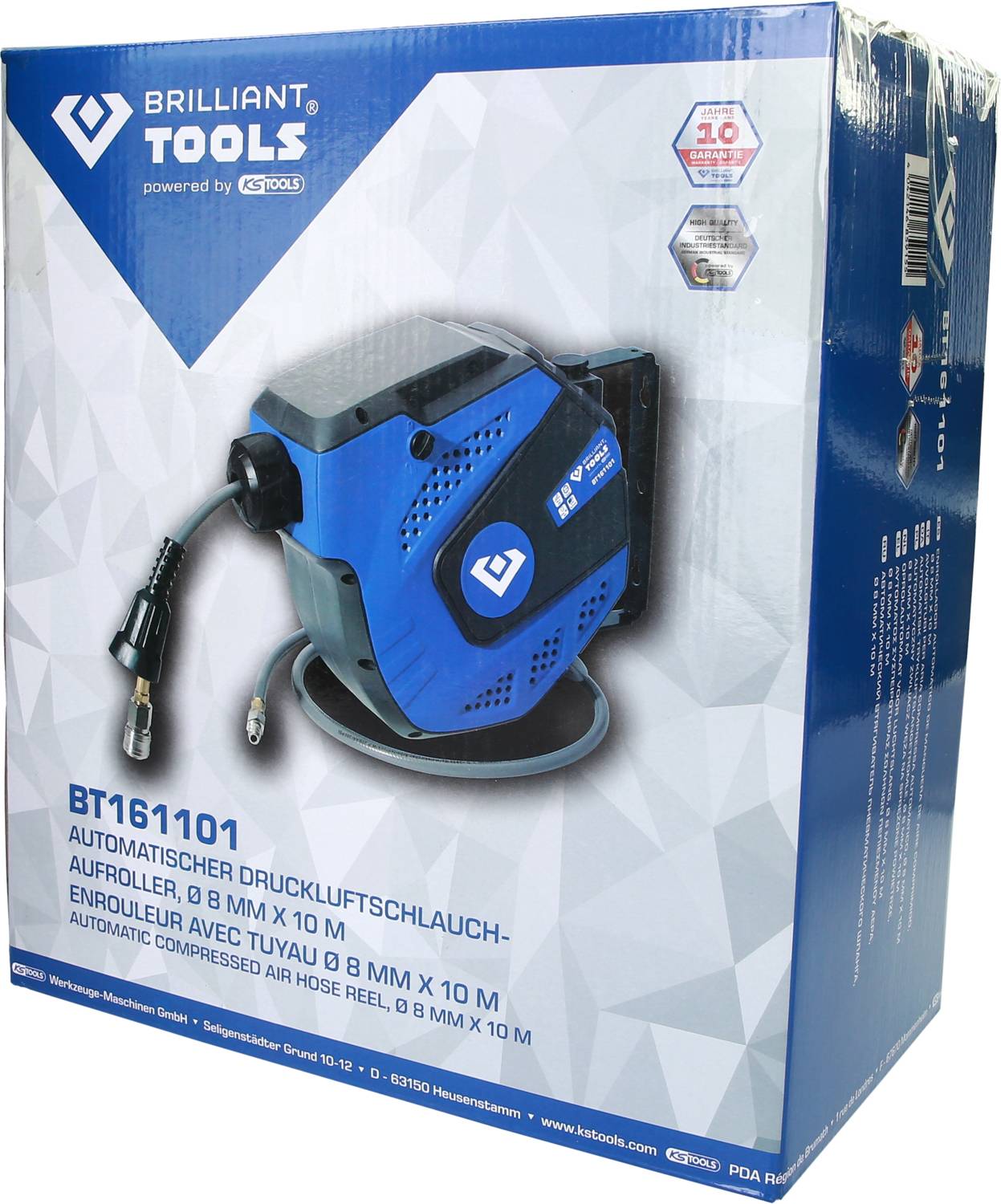 'BT161101 Automatischer Druckluftschlauchaufroller, 0,8 mm x 10 m, von Brilliant Tools. Verpackungsdesign mit Produktbild und Spezifikationen.'