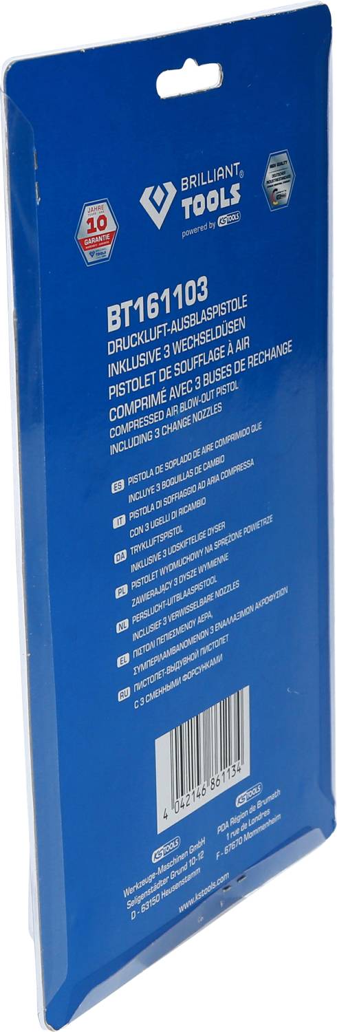 Verpackung eines Druckluft-Ausblaspistolen-Sets von Brilliant Tools. Enthält 3 Düsen, Produktname: BT161103.