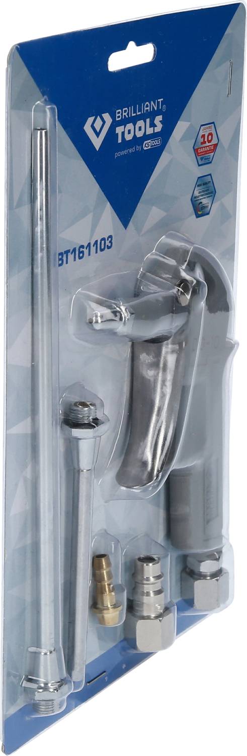 Verpackung mit Schmierpistole und Zubehör von 'Brilliant Tools'. Enthält Düsen, Adapter und Verlängerungen für präzise Anwendung.