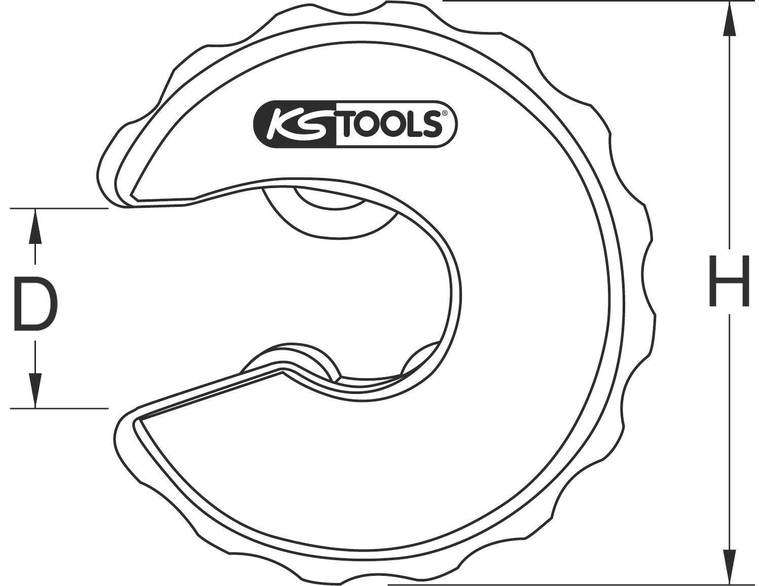 'Abbildung eines runden Schlauchschneiders mit dem Logo 'KS TOOLS'. Markierungen zeigen die Durchmesser D und H.'