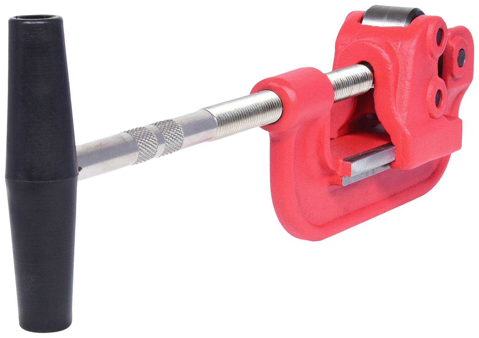 Ein roter Rohrabschneider mit schwarzem Griff, zur Trennung von Metallrohren.