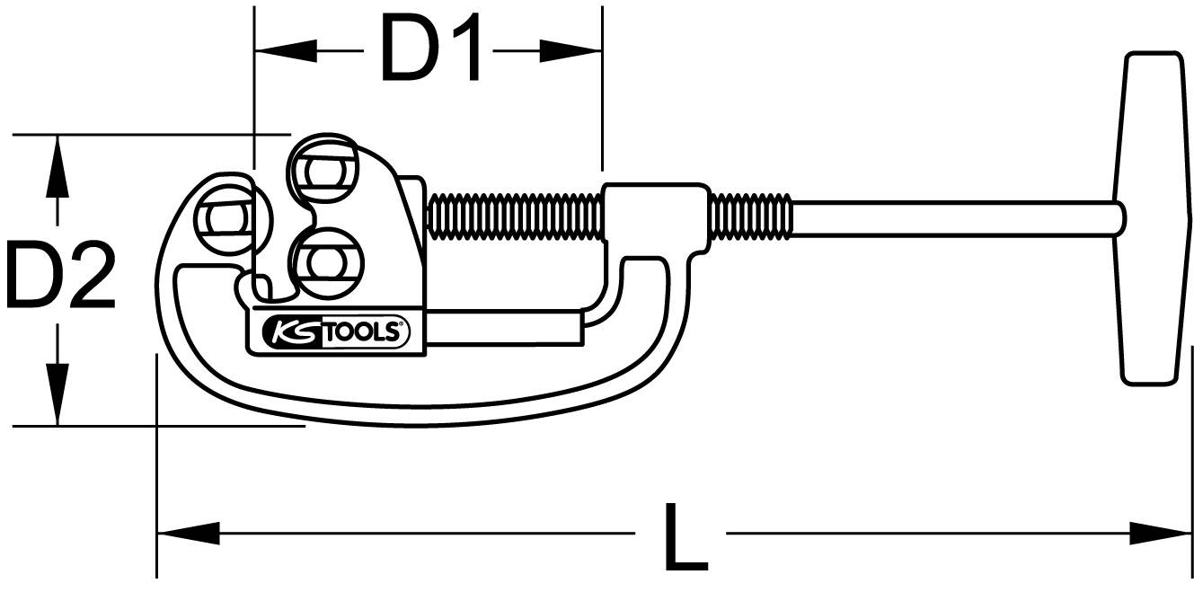 Zeichnung eines Rohrabschneiders mit Maßangaben D1, D2 und L. Werkzeug mit Griff und Schneidmechanismus, markiert mit 'KS Tools'.