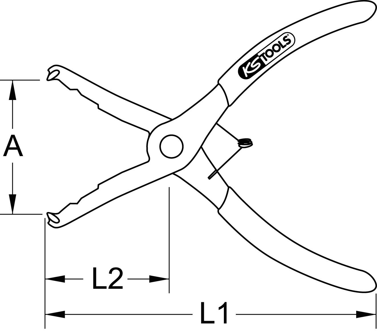 Technische Zeichnung einer Zange mit der Aufschrift 'KS Tools'. Markierungen für Maße A, L1 und L2 zeigen Abstände.