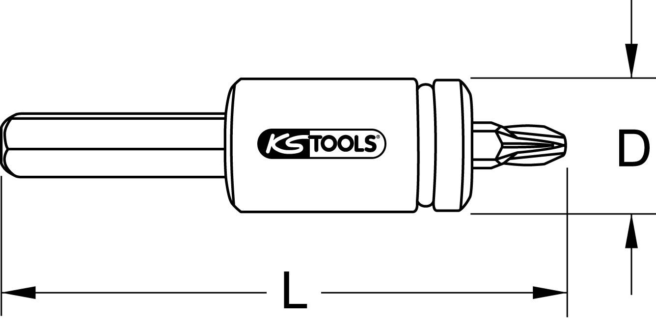 Schwarzweiß-Zeichnung eines Schraubendrehers mit 'KS Tools'-Logo. Der Schraubendreher zeigt die Maße L (Länge) und D (Durchmesser).
