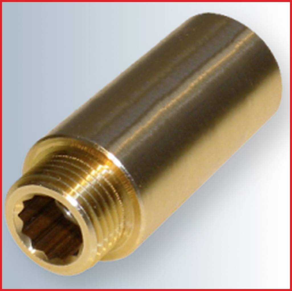 Messingzylinder mit Außengewinde und Zahnprofilöffnung, möglicherweise ein Teil eines Maschinenbausystems.