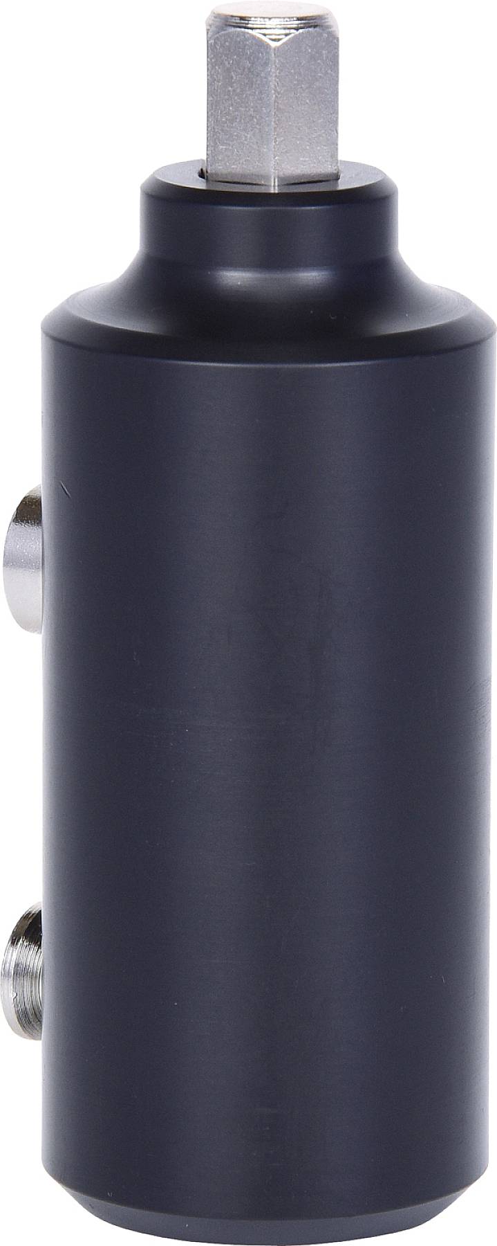 Ein schwarzer, zylindrischer Adapter mit quadratischem Anschluss oben, wahrscheinlich für mechanische oder pneumatische Anwendungen.