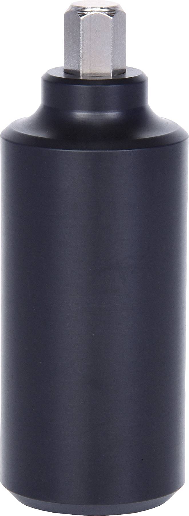 Ein zylindrisches, schwarzes Metallobjekt mit einer silbernen sechseckigen Oberseite.