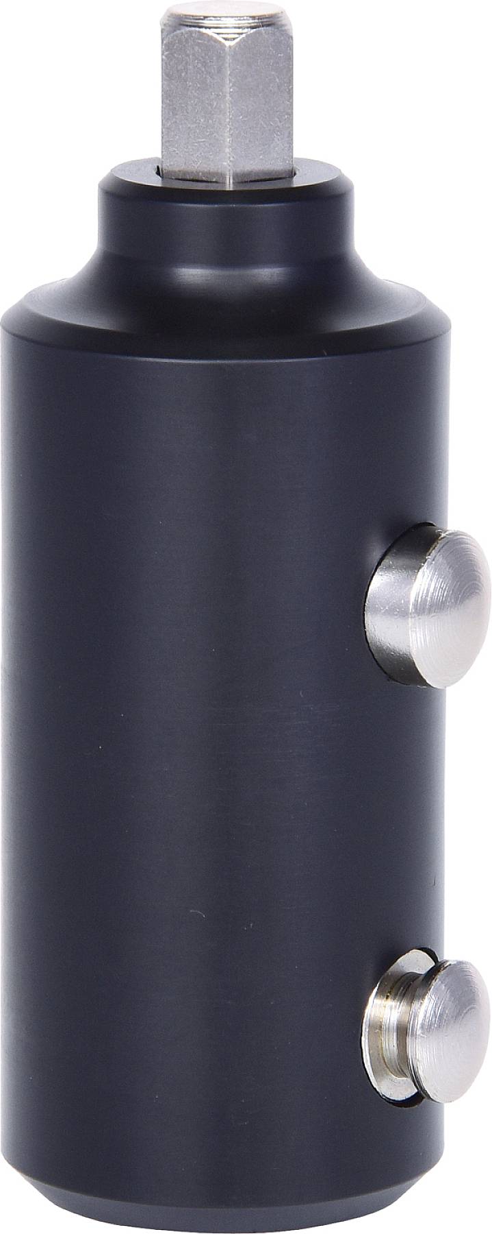 Ein schwarzer, zylindrischer Metalladapter mit zwei silbernen Knöpfen, vermutlich ein technisches Werkzeug oder Zubehörteil.