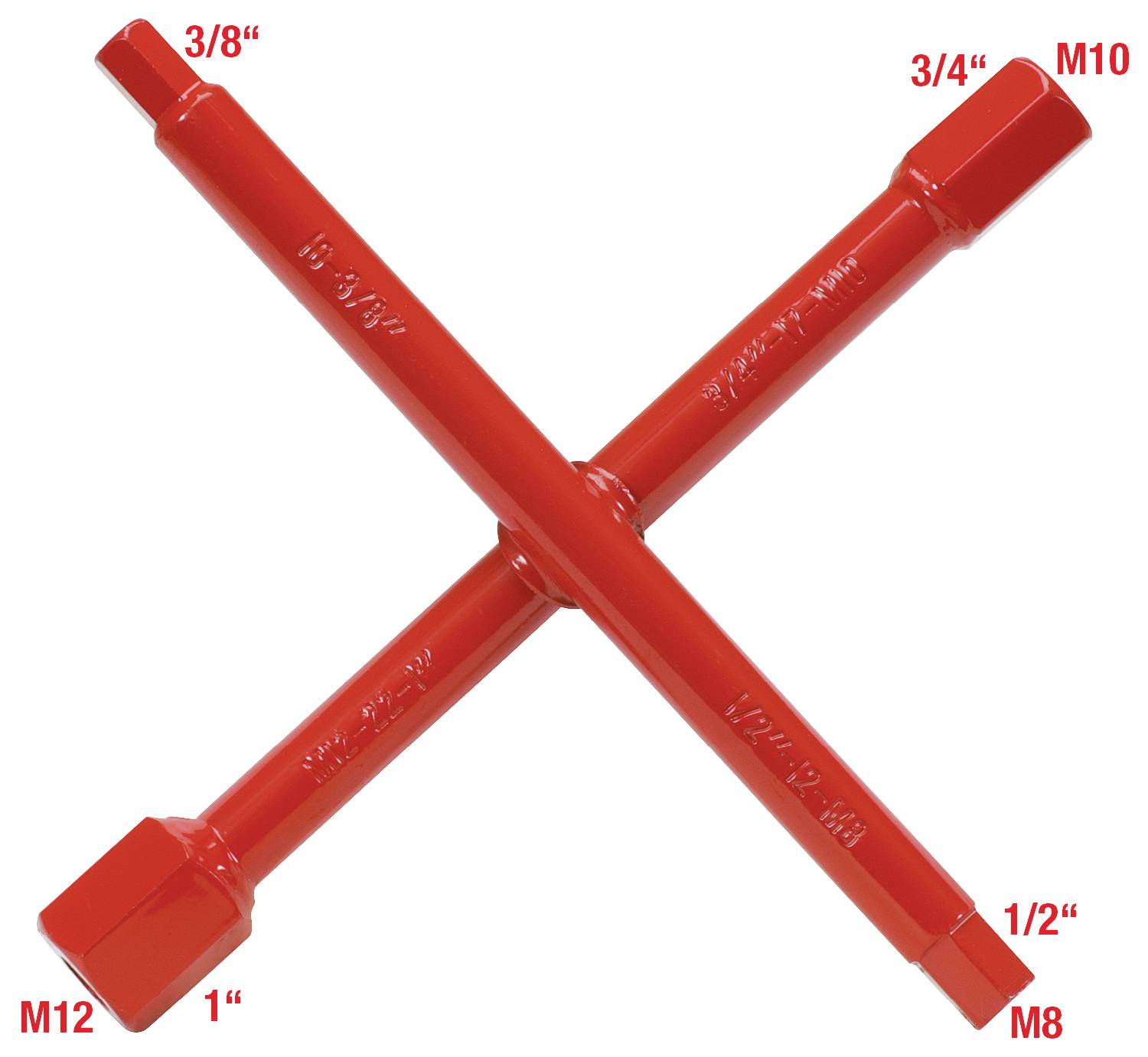 Rotes Kreuzschlüssel-Werkzeug mit vier Enden, jeweils beschriftet mit '3/8"', '3/4"', 'M12' und 'M10'.