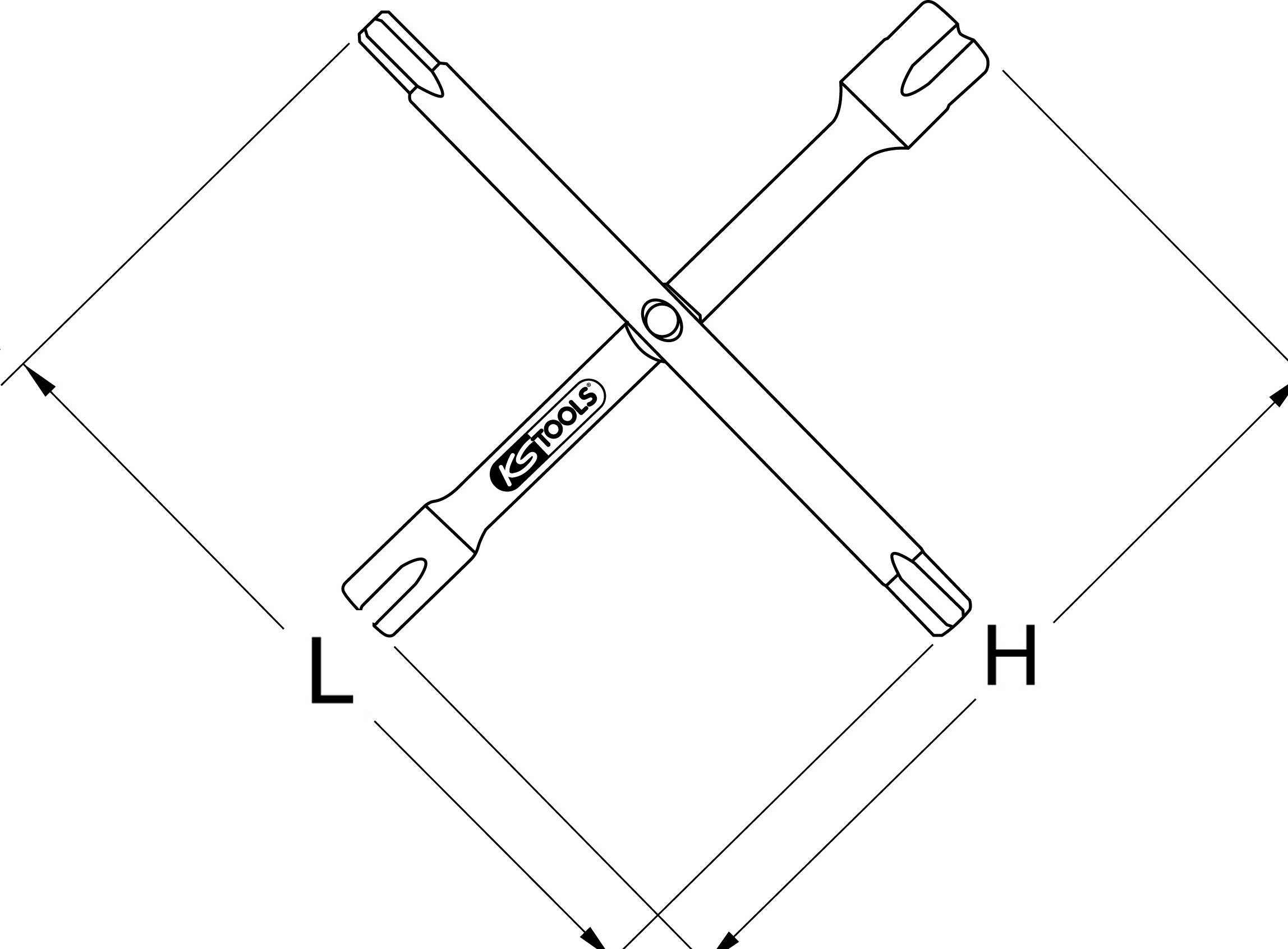 'KS Tools' Radkreuz-Schlüssel mit vier Armen. Maße: Länge (L) und Höhe (H) angegeben. Werkzeugdarstellung, keine weiteren Details.