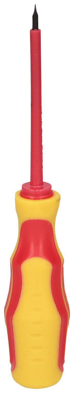 Ein gelb-roter isolierter Schraubendreher mit schmaler, langer Klinge. Geeignet für elektrische Arbeiten.