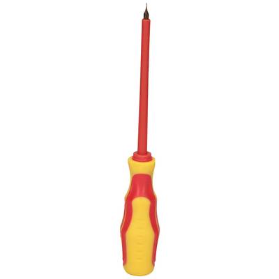 Ein rot-gelber Schraubendreher mit isoliertem Griff, geeignet für Arbeiten an Stromleitungen.