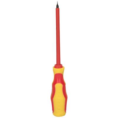 Ein gelb-roter Schraubendreher mit isoliertem Griff und schmaler Klinge, geeignet für Arbeiten an elektrischen Geräten.