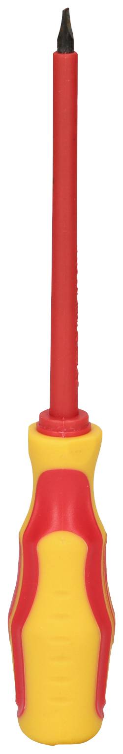 Ein roter und gelber isolierter Schraubendreher vor weißem Hintergrund.