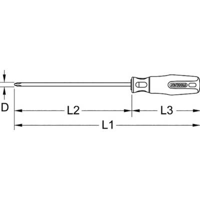 Zeichnung eines Schraubendrehers mit Maßangaben: D (Durchmesser), L1, L2, L3 (Längen). Der Griff ist ergonomisch geformt.