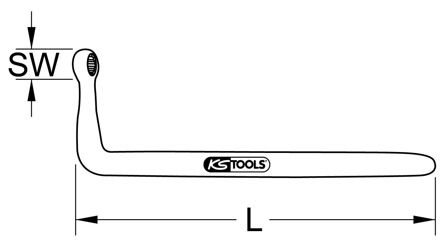 Ein Ringschlüssel von KS Tools mit der Beschriftung 'SW' und 'L', die die Breite des Kopfs und die Länge des Schlüssels anzeigen.