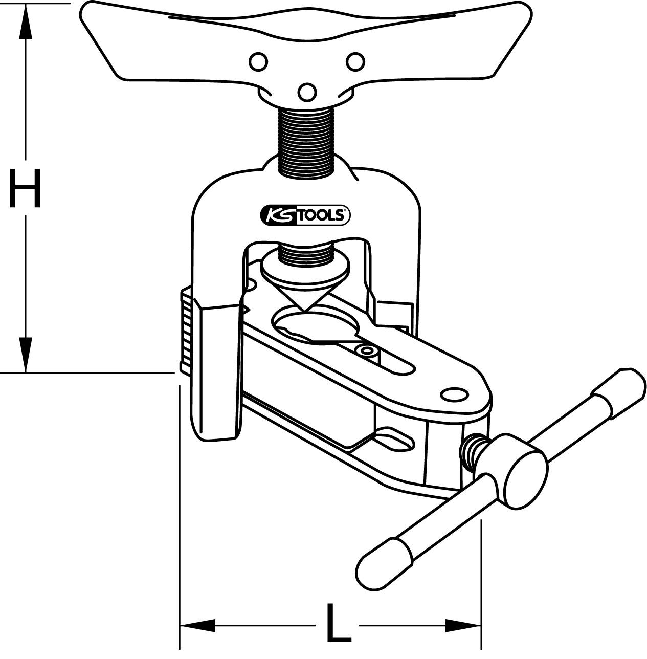 'Darstellung eines Abziehers mit Spindel zum Entfernen von Lagern. H: Höhe, L: Länge. KS Tools-Logo auf der oberen Klemme.'