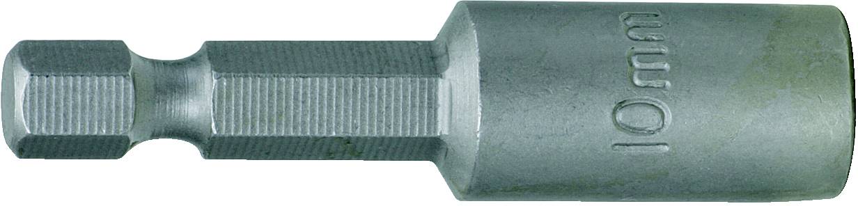 Metallischer 10mm Steckschlüsselaufsatz mit geriffeltem Schaft und sechseckigem Ende, geeignet für Schraubendreher oder Bohrmaschinen.