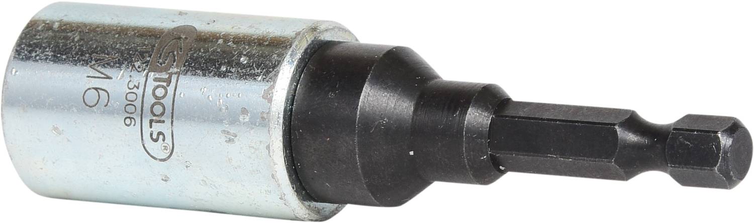 'Metall-Aufstecknuss mit sechskantigem Bitaufsatz, geeignet für Bohr- und Schraubarbeiten. Aufschrift: "Tools".'