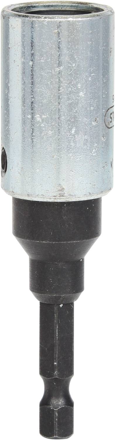 Ein silberner magnetischer Stecknussadapter mit schwarzer Basis zur Befestigung an einem Bohrschrauber. Ideal für Bits.