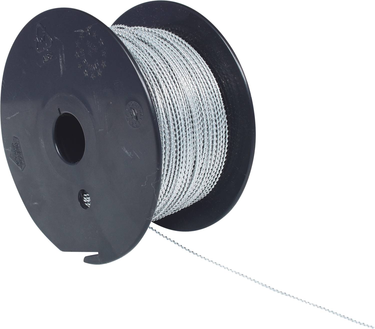 Spule mit Stacheldraht. Draht rollt sich von schwarzer Plastikspule ab.