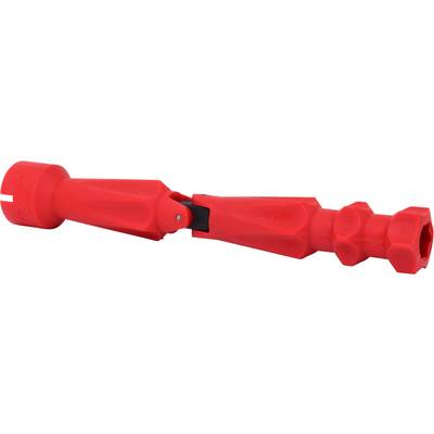 Roter Kunststoffschlüssel zum Anziehen oder Lösen von Kunststoffmuttern an Wasserhähnen und Waschbecken.
