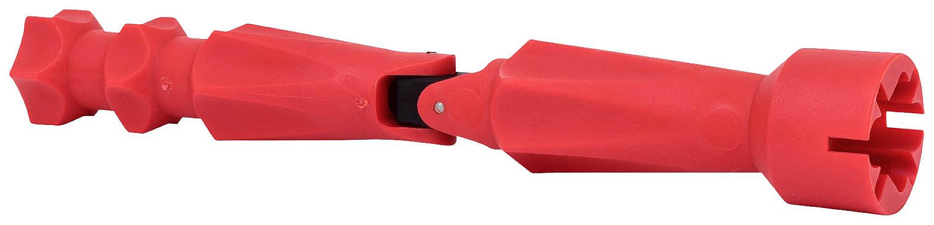 Ein rotes, flexibles Werkzeug mit mehreren Gelenken und einer sternförmigen Öffnung an einem Ende. Verwendet zum Festziehen von Bolzen.
