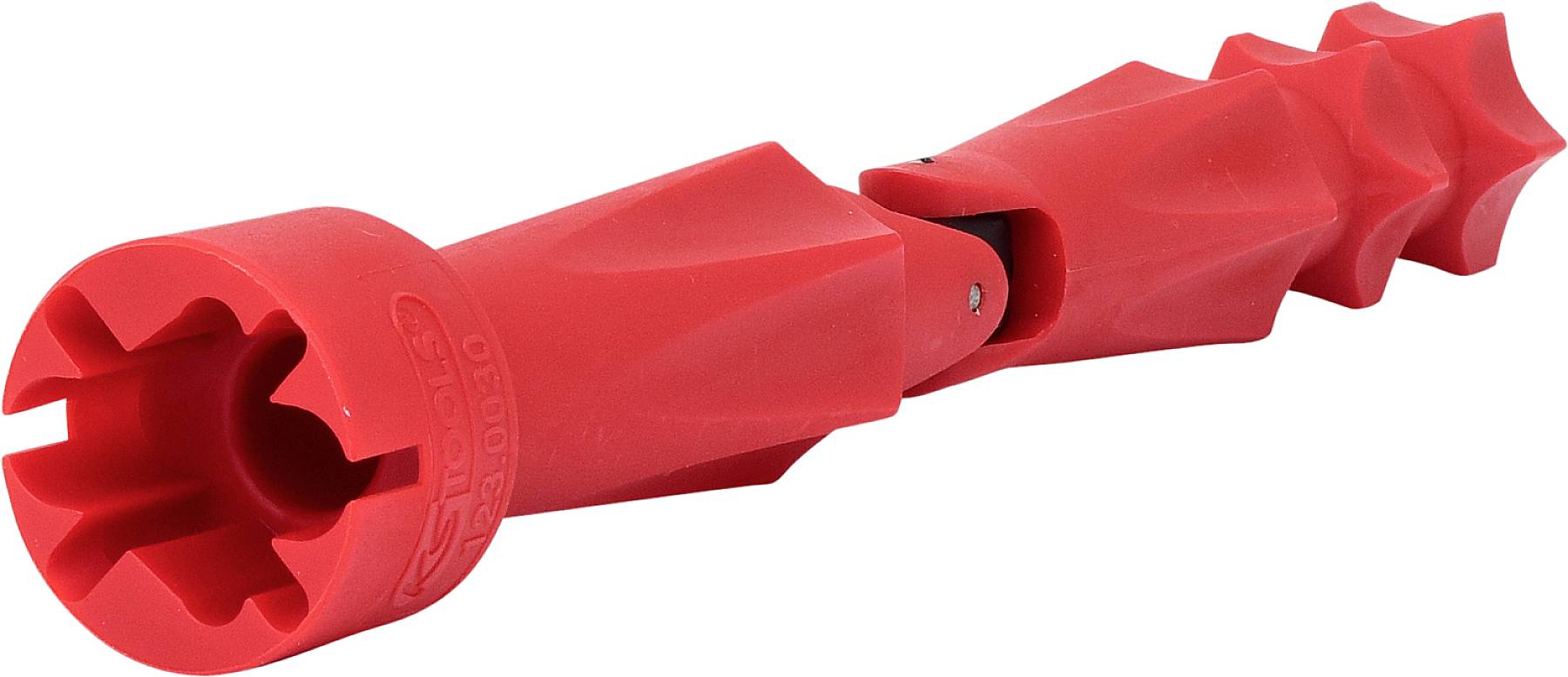 Ein rot gefärbter Schneeketten-Entferner, gestaltet mit einem sternförmigen Kopf und einem gerippten Griff, liegt auf einer hellen Fläche.