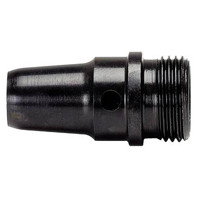 Ein schwarzes, zylindrisches Metallteil mit Gewinde und Hülsenform. Es hat ein Loch in der Mitte und ist glatt poliert.