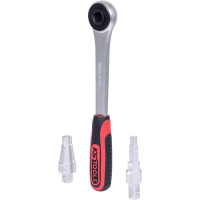 'KS Tools' Umschaltknarre mit rotem und schwarzem Griff, dargestellt neben zwei austauschbaren Stecknüssen.