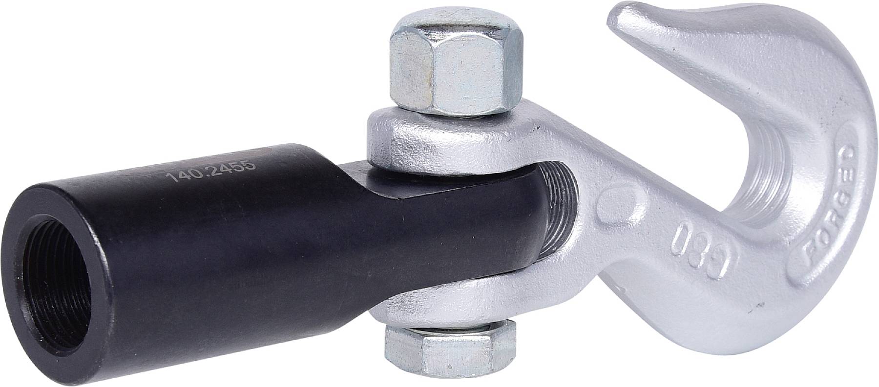 Metallschraubhaken mit Gewinde, bestehend aus einem schwarzen zylindrischen Teil und einem silbernen Haken, verbunden durch zwei Schrauben.