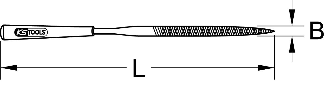 Eine Feile von KS Tools, mit einem schmalen Kopf. Markiert mit 'L' für Länge und 'B' für Breite der Schneidefläche.