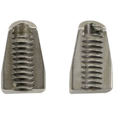 Zwei metallische Schrauben mit abgerundeten Köpfen und gerillten Seiten, nebeneinander auf einer weißen Oberfläche platziert.
