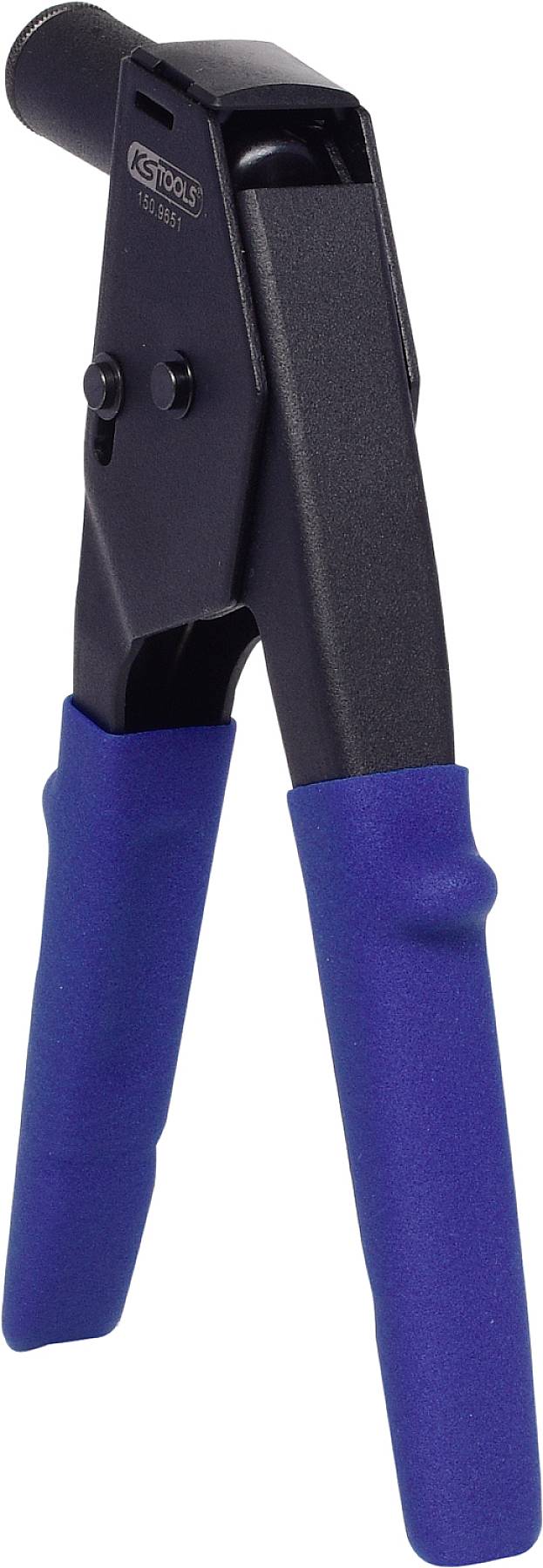 Werkzeug mit blauen Griffen, das zum Stanzen oder Schneiden von Materialien verwendet wird.