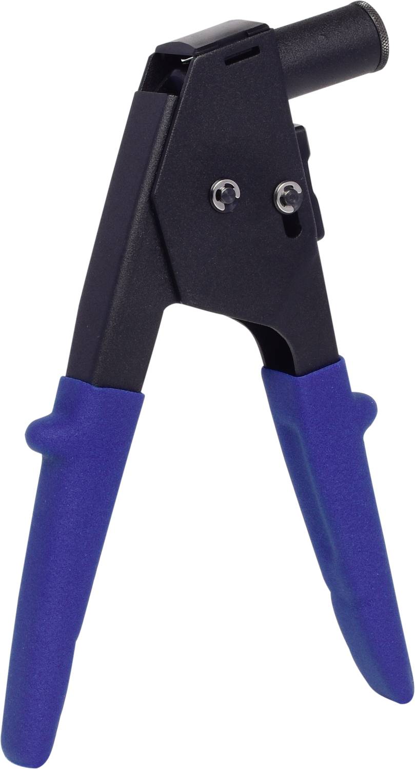 Eine Nietzange mit blauen Griffen, die zum Befestigen von Nieten in Metall oder Kunststoff verwendet wird.