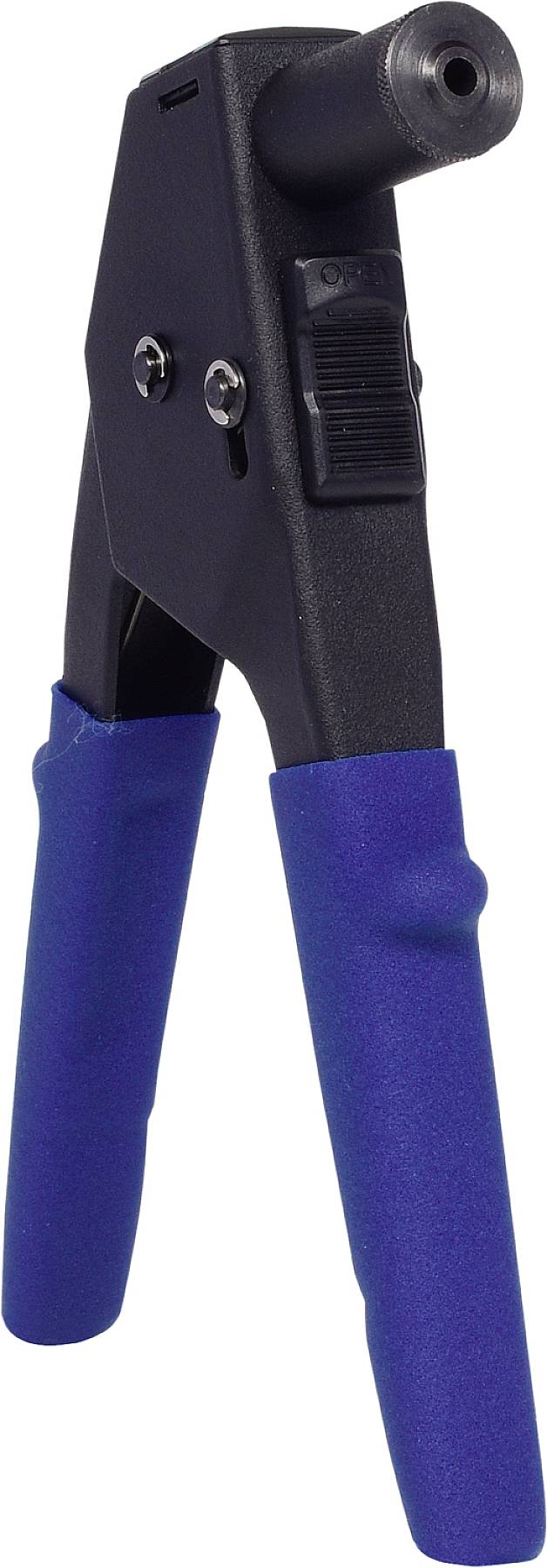 Nietzange mit blauen Griffen, verwendet zum Befestigen von Nieten in Materialien, auf weißem Hintergrund dargestellt.