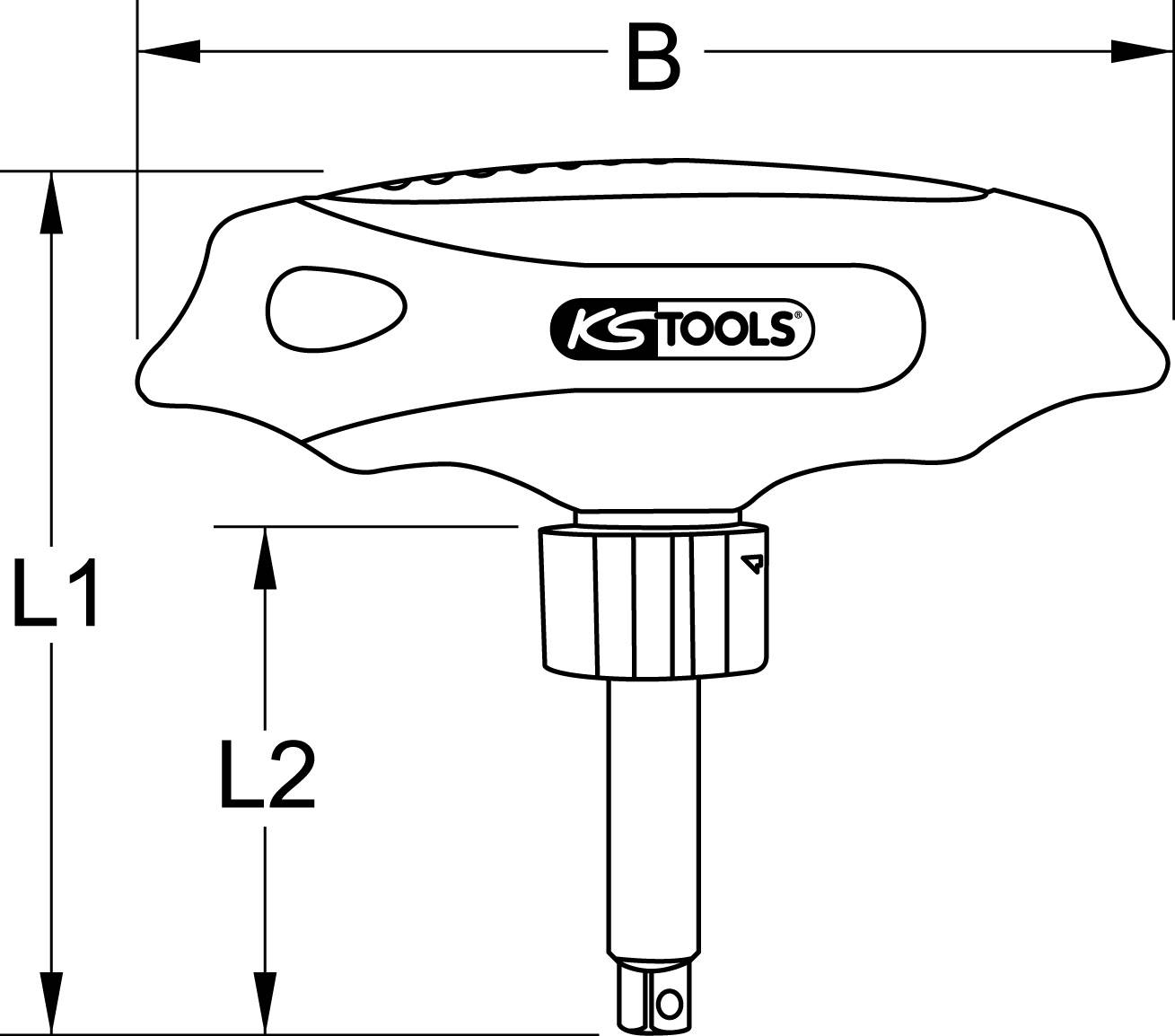 'T-Griff-Schlüssel mit KS Tools-Logo. Zeigt Maße: Gesamtlänge B, Griffhöhe L1, Schaftlänge L2.'