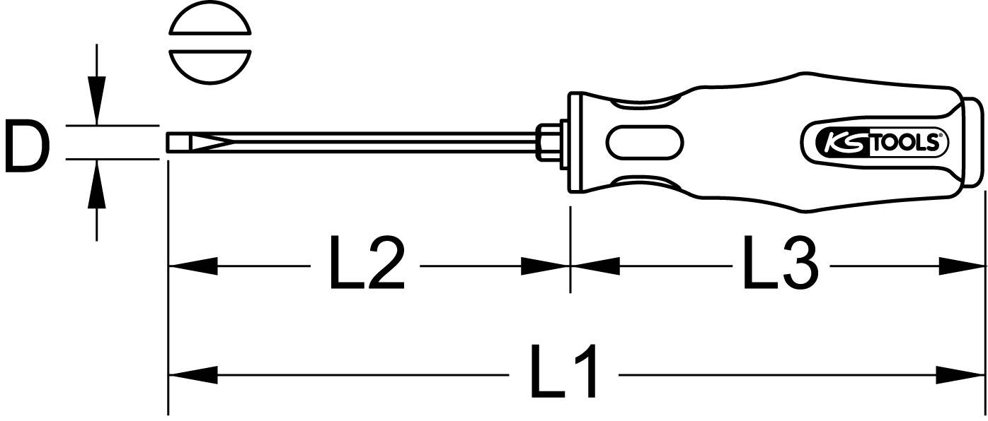 Schwarz-Weiß-Zeichnung eines Schraubenziehers mit Maßen; Griff mit Logo, Spitze hat Durchmesser D, Längen markiert als L1, L2 und L3.