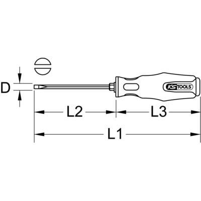 Schwarz-Weiß-Zeichnung eines Schraubenziehers mit Maßen; Griff mit Logo, Spitze hat Durchmesser D, Längen markiert als L1, L2 und L3.