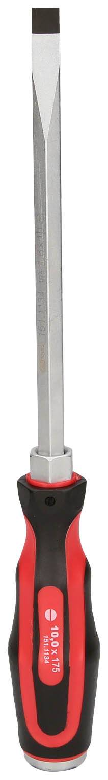 Ein roter und schwarzer Schraubendreher mit flachem Schlitzkopf, geeignet für handwerkliche Arbeiten oder Reparaturen.