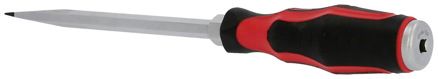 Ein Schraubendreher mit einem schwarz-roten Griff, geeignet zum Eindrehen oder Lösen von Schrauben in verschiedenen Materialien.