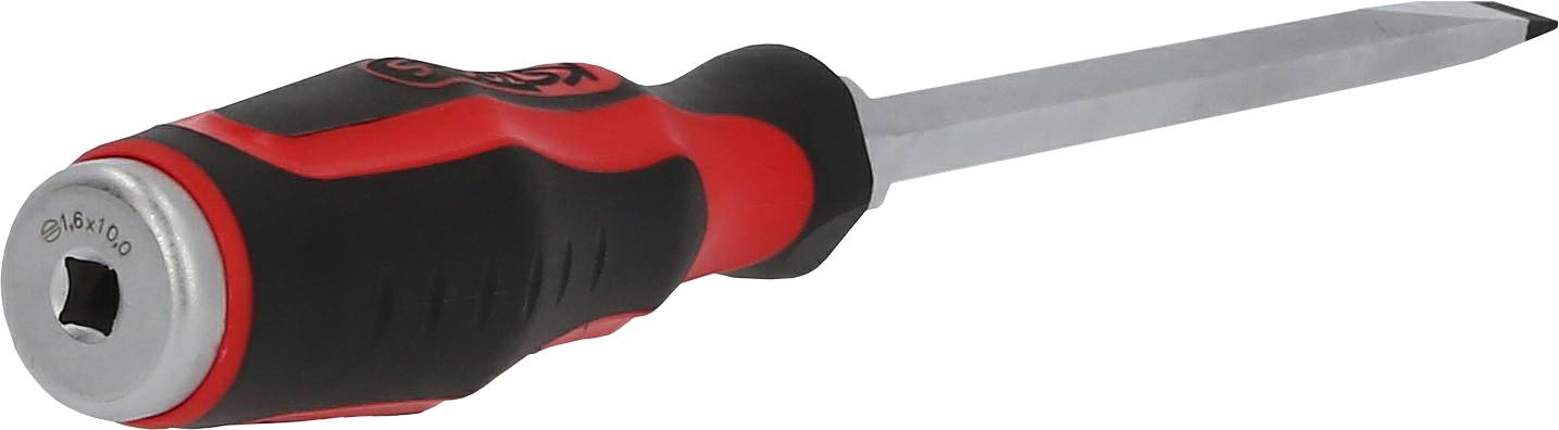 Ein rot-schwarzer Schraubendreher mit flachem Schlitz und rutschfestem Griff liegt auf der Seite.